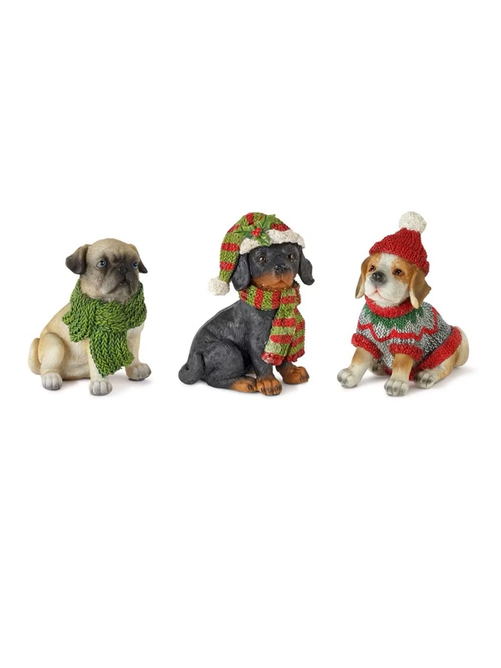 Holiday Puppy Figurine Set - Festive Dog Decorations in Red, Green, and Cream